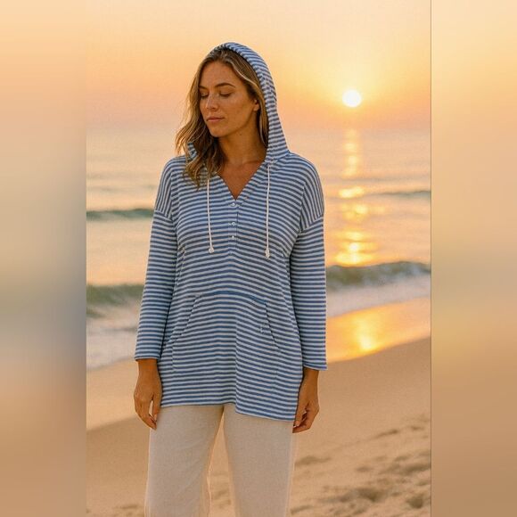 Calvin Klein M Blue White Striped Henley Hoodie Sweatshirt Shirt Tunic 3/4 Sleev - Picture 1 of 6